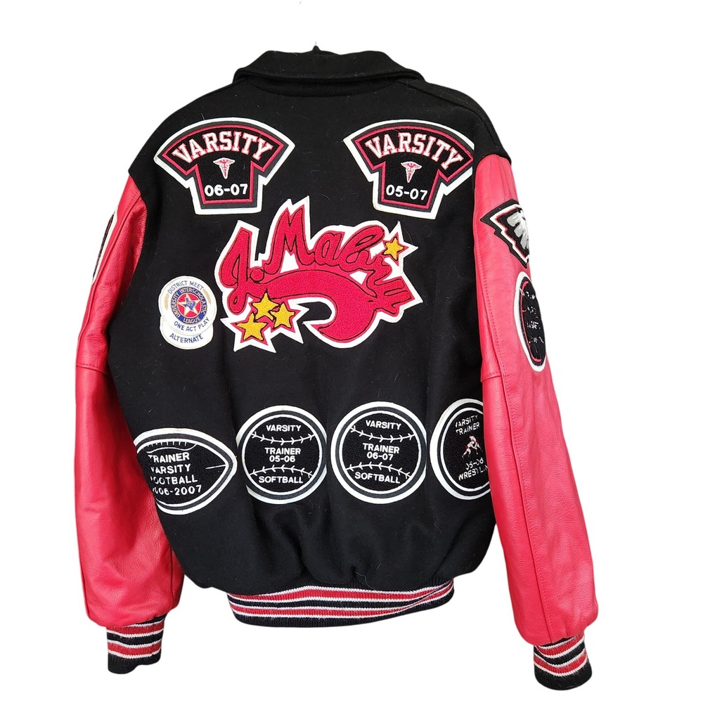 Neff Varsity Jacket Black Red Leather Patchwork Embroidered Large Made in USA